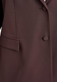 Blazer bordeaux en tissu lisse, avec deux boutons et une texture subtile. Comprend une poche latérale au design élégant.