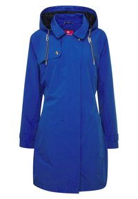 Imperméable bleu à capuche avec fermetures à pression sur le devant, cordons ajustables à la capuche, manches longues et poches latérales.