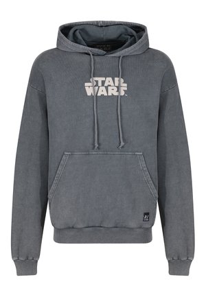Gray hoodie with a front pocket, drawstrings, and a large white "STAR WARS" logo on the chest. Soft cotton blend material, casual fit.