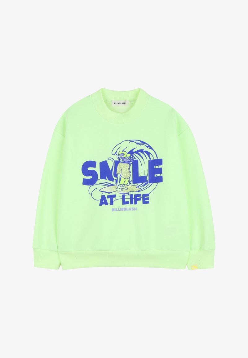 Sweatshirt vert néon avec poignets et encolure côtelés. Présente un texte graphique bleu "SMILE AT LIFE" et un motif de vague. Matière légère.