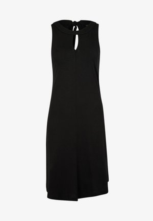 Schwarzes ärmelloses Kleid mit hohem Ausschnitt, Schlüssel-ausschnitt und Bindeschluss auf der Rückseite. Weicher Stoff mit lockerer Passform und knielangem Saum.