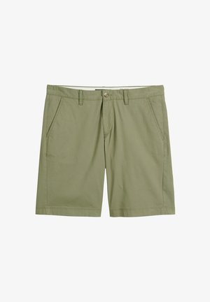 Pantaloni corti verde oliva in cotone, con chiusura a pulsante, due tasche frontali e un design a gamba dritta con dettagli di cucitura.
