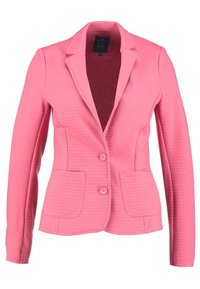 Blazer rose cintré en tissu texturé, avec un col cranté, deux poches avant et deux boutons de fermeture.