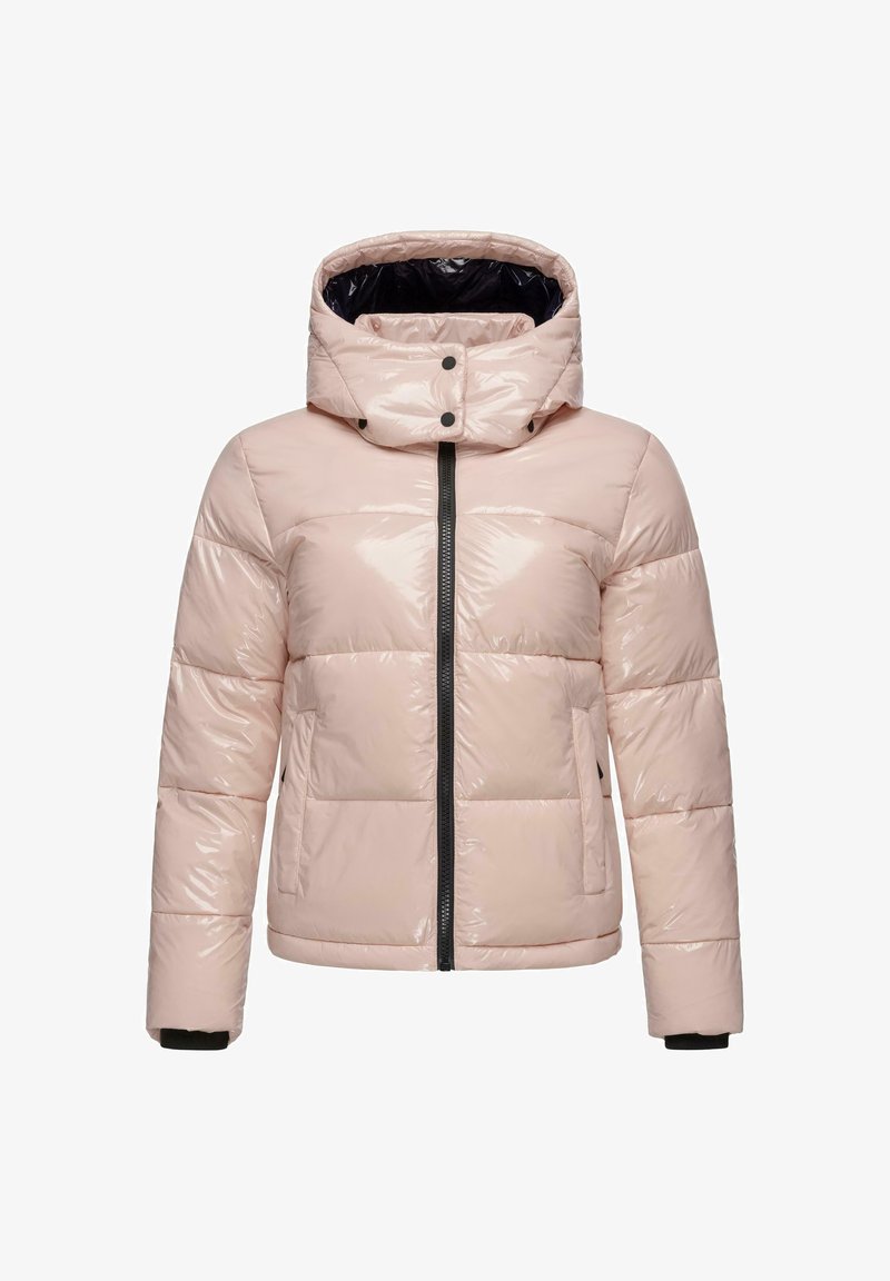 Šviesiai rožinė pūkinė striukė su aukštu apykakle, blizgiu paviršiumi, užtrauktuku priekyje ir juodų akcentų. Yra siūtos panelės ir šoninės kišenės.