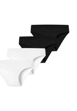 Quatre culottes bikini pour femmes, deux noires et deux blanches, disposées en alternance sur un fond blanc uni.