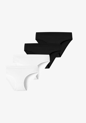 Quatre culottes bikini pour femmes, deux noires et deux blanches, disposées en alternance sur un fond blanc uni.