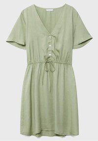 Robe courte à manches courtes vert clair avec col en V, trois boutons sur le devant, taille élastique et cordon à nouer à la taille.