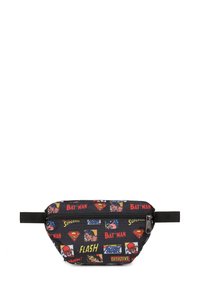 Fanny pack featuring a black fabric with colorful comic book character designs, including Batman and Superman, in various shapes and sizes.