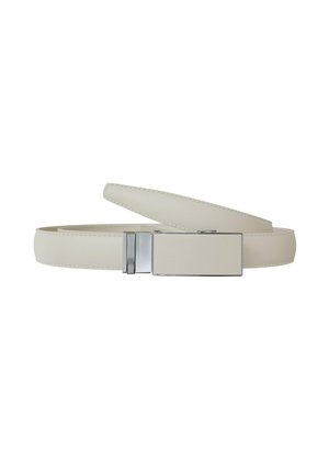 Cream-colored leather belt with a smooth rectangular silver buckle, partially coiled on a white background.
