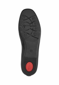 Suola di scarpa nera in gomma con superficie testurizzata, grip circolare e a motivo, e un inserto rotondo rosso per il comfort, etichettato "comfort". Taglia 37.