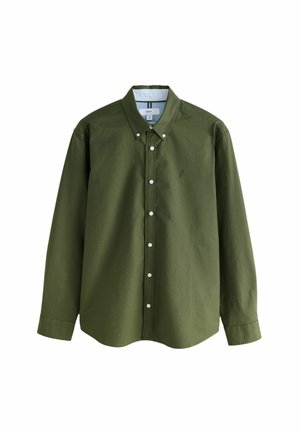 Dark green long-sleeve shirt made of cotton, featuring a button-down collar, white buttons, and a small embroidered logo on the chest.