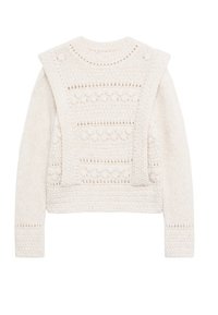 Pull en tricot écru avec des motifs texturés, encolure ronde et manches longues. Présente un look superposé au niveau des épaules.