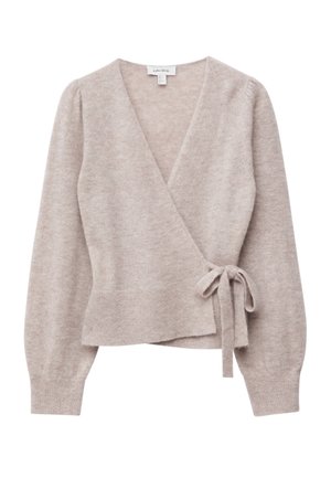 Helle beige Wickeljacke aus weichem Strickstoff. Verfügt über lange Ärmel mit gerafften Schultern und einem Bindegürtel in der Taille.