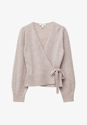 Light beige, wrap-style sweater in soft knit fabric. Features long sleeves with gathered shoulders and a tie at the waist.