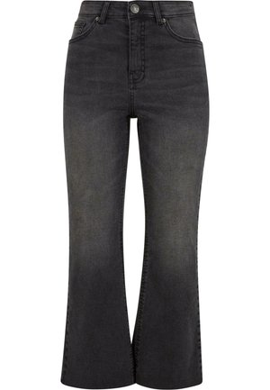 Jeans acampanados de cintura alta en negro, hechos de denim, con un diseño frontal sin costuras y un ligero desvanecimiento a lo largo de las piernas.