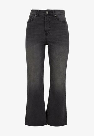 Hoge taille zwarte flared jeans van denim, met een naadloos ontwerp aan de voorkant en subtiele vervaging langs de benen.