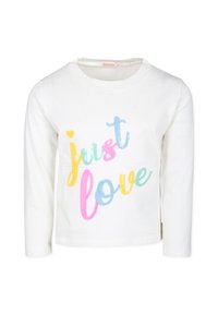 Chemise blanche à manches longues avec un texte coloré et texturé qui indique "just love" en rose, bleu, jaune et vert. Tissu en coton doux.