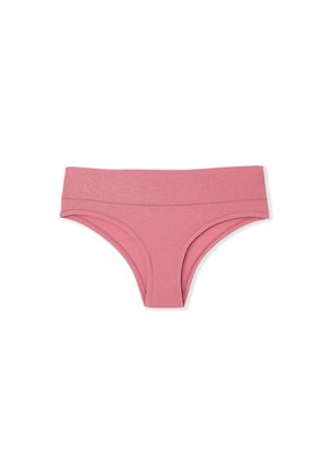 Braguitas de bikini rosas con una textura lisa y brillante. Presentan una cintura alta y un corte tipo short, diseñadas para ofrecer comodidad y estilo.
