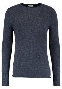 Dunkelblaues Langarmshirt aus weichem Stoff, mit rundem Ausschnitt, slim fit und leicht abgerundetem Saum mit minimalen Details.