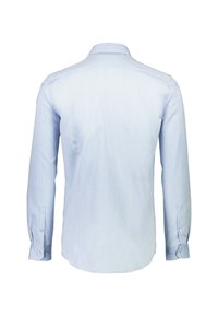 Camicia a maniche lunghe di colore azzurro realizzata in tessuto con una leggera texture. Presenta un colletto classico e polsini con bottoni, senza stampe o dettagli.
