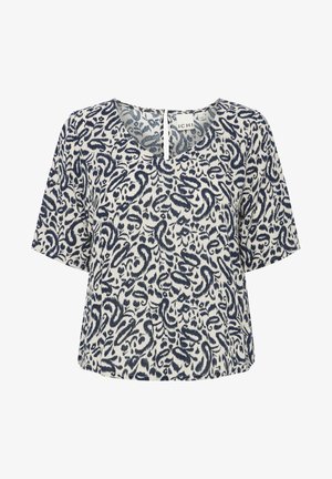 Bluzka z krótkim rękawem w kolorze kremowym z niebieskim abstrakcyjnym wzorem w liście, z dekoltem w kształcie V i otworem na plecach. Lekka tkanina.