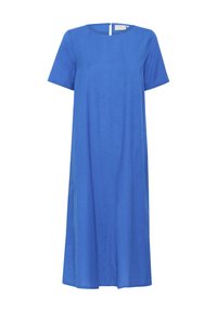 Sininen pellavamekko lyhyillä hihoilla, pyöreällä pääntiellä ja sivutaskuilla. Yksinkertainen, virtaava malli suoralla leikkauksella ja takana olevalla aukolla.