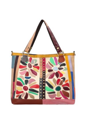Geantă mare de tip tote cu mânere duble, decorată cu forme abstracte colorate de petale și dungi verticale cu ținte pe fundal crem.