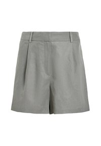 Shorts en lin gris avec un design ajusté, dotés de plis sur le devant et de poches sur les côtés. Le tissu a une finition lisse et légèrement texturée.