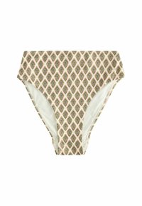 Pantaloni scurți de bikini cu talie înaltă dintr-un material crem, având un model cu diamante în verde închis și roz. Textură netedă cu panouri laterale în contrast.