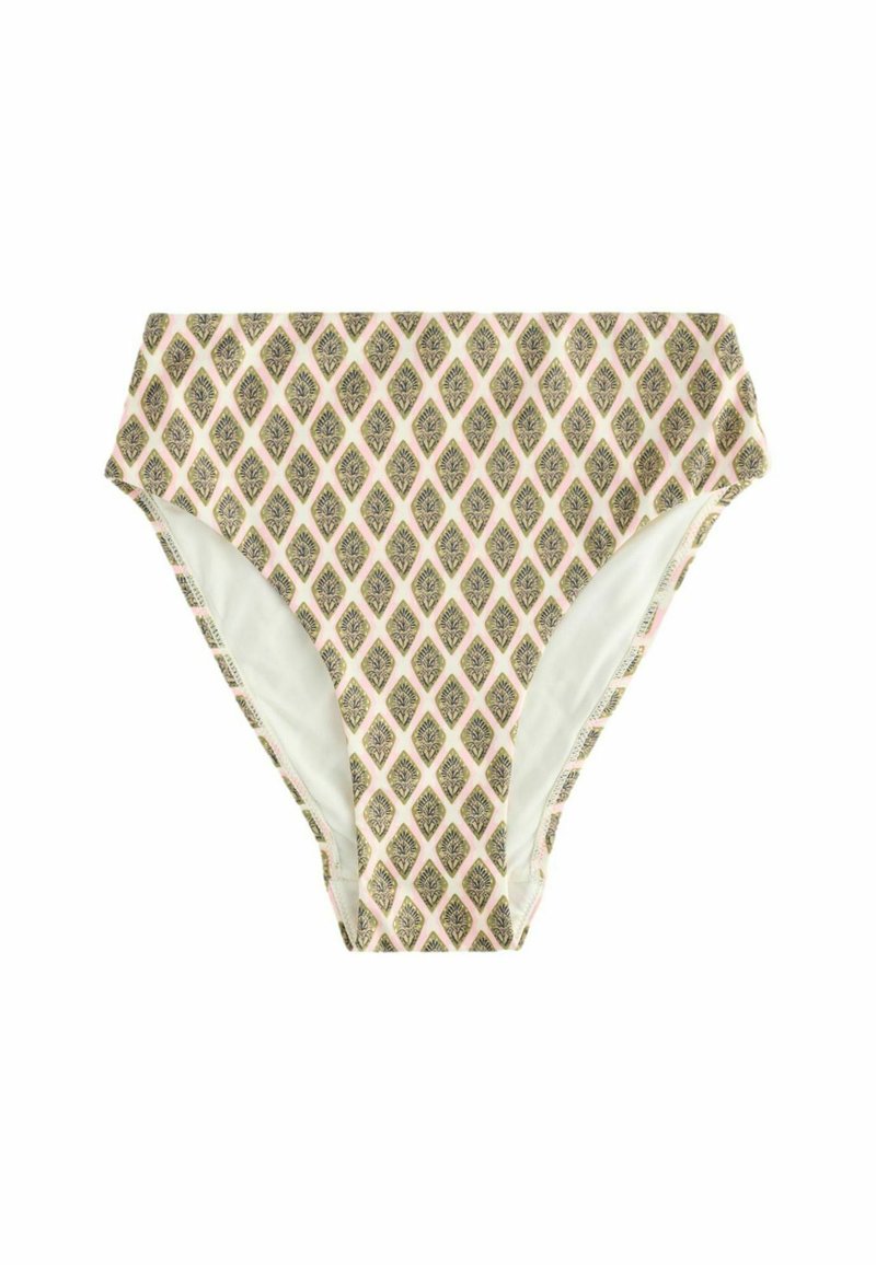 Pantaloni scurți de bikini cu talie înaltă dintr-un material crem, având un model cu diamante în verde închis și roz. Textură netedă cu panouri laterale în contrast.