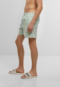 Minta zelena kupaća shorts s poveznicom u struku, s malim crnim printovima morskih pasa. Upareni s bijelim sandalama koje prikazuju natpis "moda".