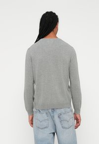 Pullover grigio a maniche lunghe, con scollatura rotonda e polsini a costine, abbinato a jeans in denim azzurro chiaro a vita alta.