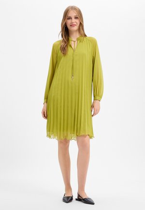 Frau trägt ein knielanges, limettengrünes plissiertes Kleid mit langen Ärmeln und schwarzen spitzen Ballerinas, stehend vor einfachem Hintergrund.