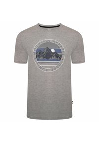 Camiseta de algodón gris con un gráfico circular de montaña con detalles en azul y negro, y el texto "MOUNTAIN APPAREL SINCE 2000". Manga corta.
