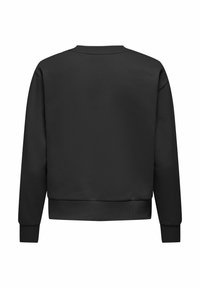 Sudadera negra de manga larga, lisa, con cuello, puños y cintura acanalados, mostrada por la parte de atrás sobre un fondo blanco.