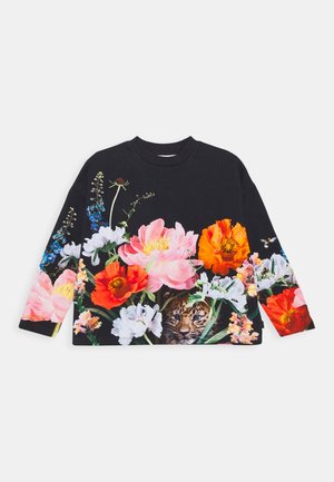 Sweat-shirt noir avec des imprimés floraux colorés et le visage d'un tigre, doté de manches longues et d'un col rond.