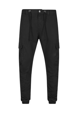 Fekete cargo jogger nadrág húzózsinóros derékpánttal, gombos záródással, oldalsó fedős zsebekkel és rugalmas szegélyekkel.
