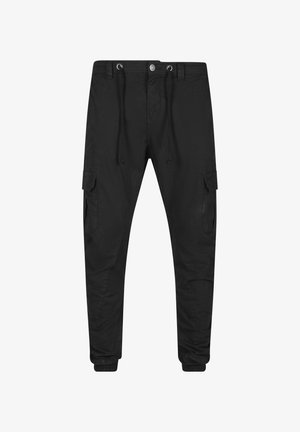 Juodos krovinių stiliaus laisvalaikio kelnės su raišteliu juosmens srityje, sagų užsegimu, šoninėmis kišenėmis su atvartais ir elastingais apačios galais.