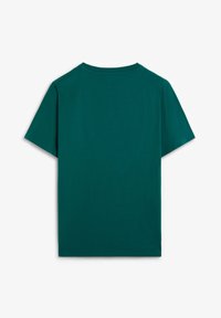 Effen teal groene korte mouwen crew neck T-shirt gezien van achter op een witte achtergrond.