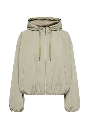 Giacca beige chiaro con cappuccio, cerniera frontale, coulisse, due tasche laterali, polsini ed orlo elasticizzati.