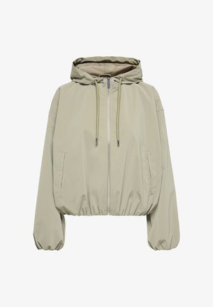 Hele beež kapuutsiga jope eesmine lukk, nöörid, kaks küljetaskut, elastsed mansetid ja vöökoht.