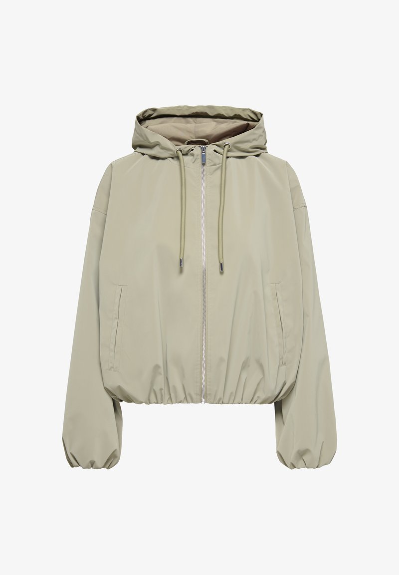 Veste à capuche beige clair avec fermeture éclair à l'avant, cordons, deux poches latérales, poignets élastiqués et ceinture.