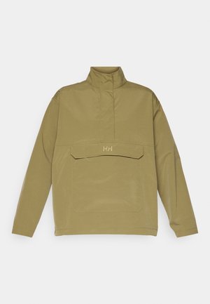 Khaki quarter-zip jacket, featuring a high collar, large front pocket, and subtle logo in gold. Smooth texture, lightweight material.
