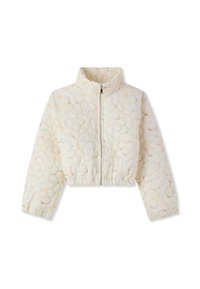 Giacca cropped trapuntata crema con zip frontale, colletto alto, orlo elasticizzato e motivo di ricamo floreale pastello.