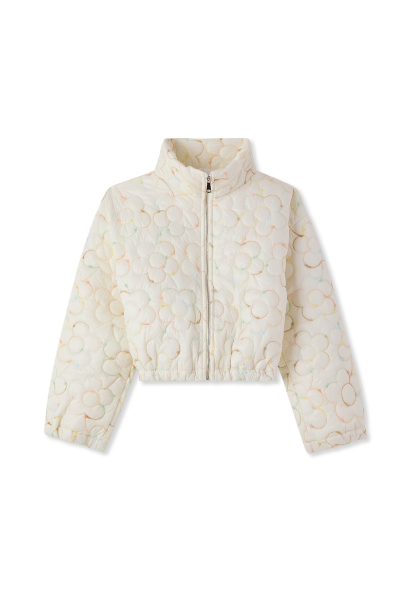 Giacca cropped trapuntata crema con zip frontale, colletto alto, orlo elasticizzato e motivo di ricamo floreale pastello.