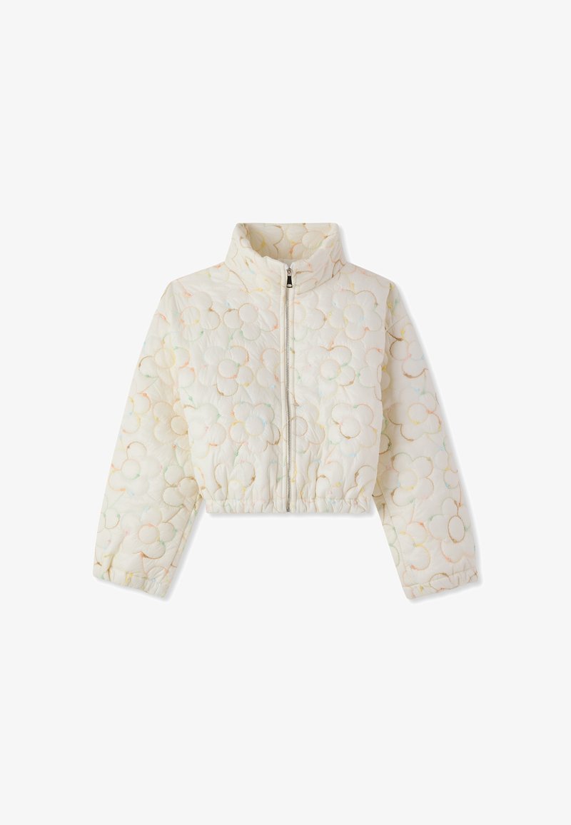 Giacca cropped trapuntata crema con zip frontale, colletto alto, orlo elasticizzato e motivo di ricamo floreale pastello.