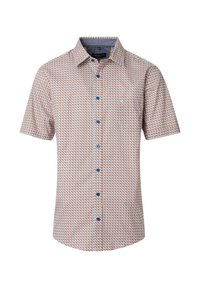 Kurzarmhemd mit geometrischem Muster in Rot, Blau und Weiß. Hergestellt aus strukturiertem Stoff mit Kragen und einer aufgesetzten Tasche.