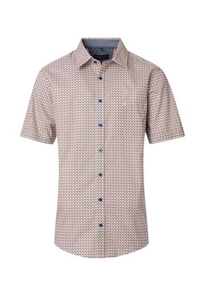 Kurzarmhemd mit geometrischem Muster in Rot, Blau und Weiß. Hergestellt aus strukturiertem Stoff mit Kragen und einer aufgesetzten Tasche.