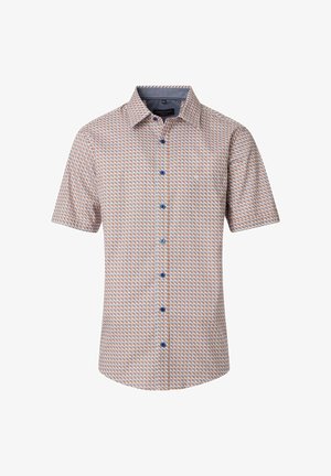 Kurzarmhemd mit geometrischem Muster in Rot, Blau und Weiß. Hergestellt aus strukturiertem Stoff mit Kragen und einer aufgesetzten Tasche.