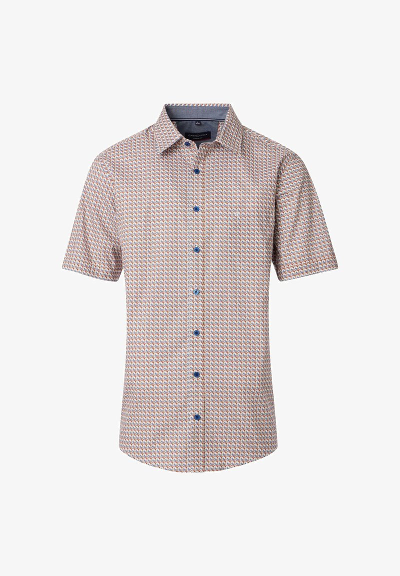 Kurzarmhemd mit geometrischem Muster in Rot, Blau und Weiß. Hergestellt aus strukturiertem Stoff mit Kragen und einer aufgesetzten Tasche.